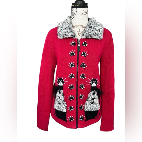 Timberlea Sweaters - TimberLea Cat Lover Novelty Cardigan Sweater w/detachable faux fur collar size S